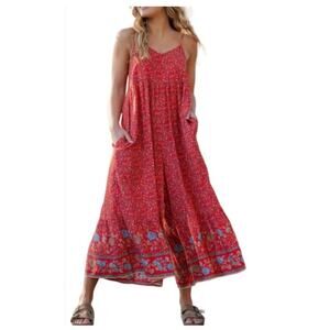 Natural Life The Jamie Jumpsuit Wide Leg Size S Red Floral Print